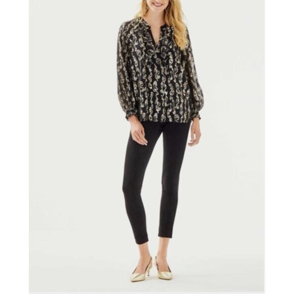 Lilly Pulitzer Angelika Black & Gold Top Size XS Geometric Pattern Ruffle Sleeve - Picture 1 of 12
